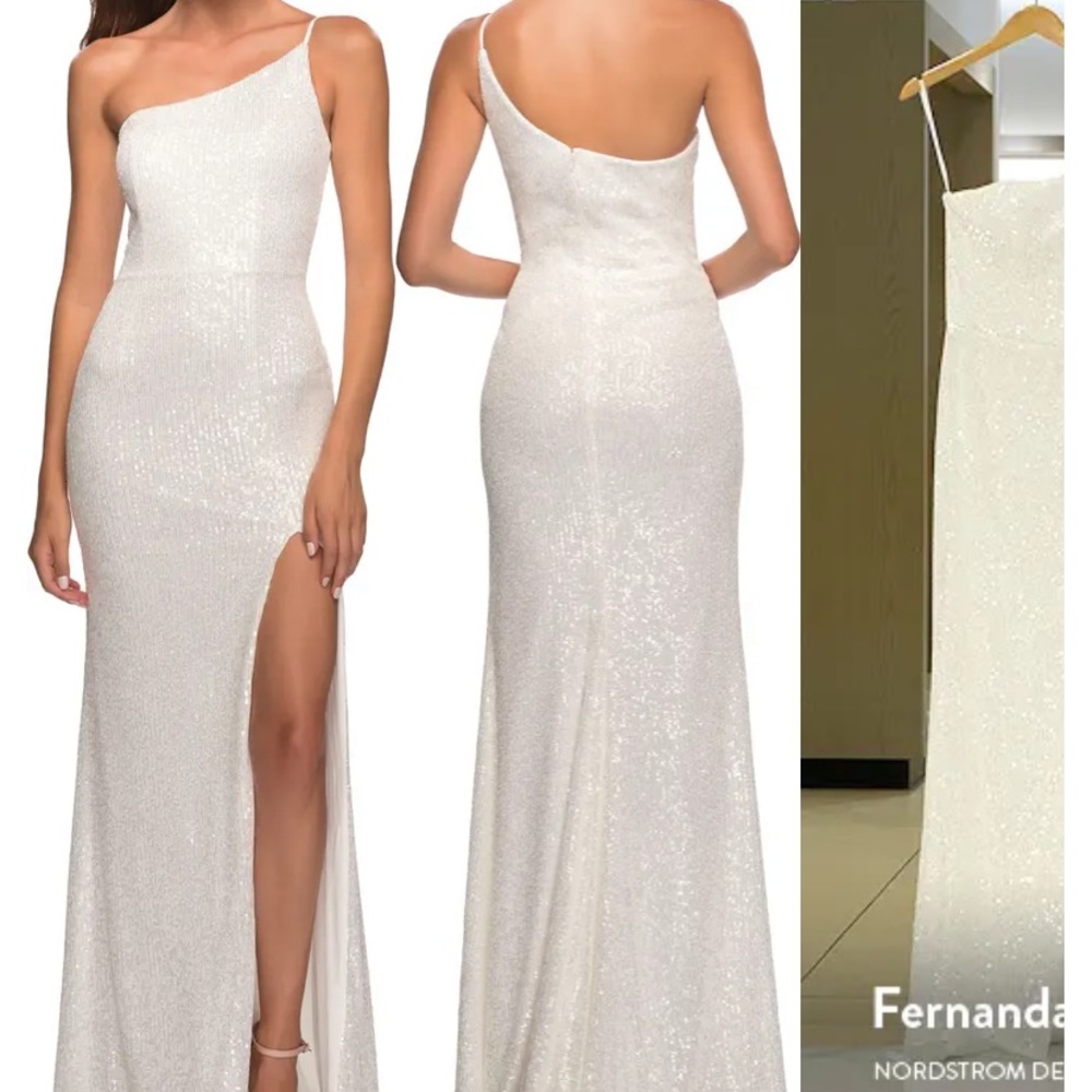 NWOT La Femme white sequin one shoulder gown